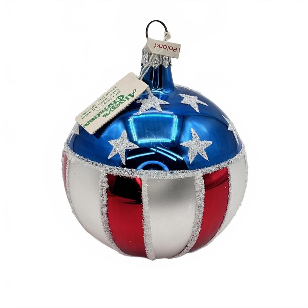 Always Christmas Polish Blown Glass Ornament Red White & Blue Stars - Poland